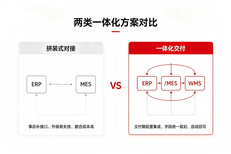两类ERP+MES一体化方案对比:拼装式事后接接口与一体化交付前置集成的差别