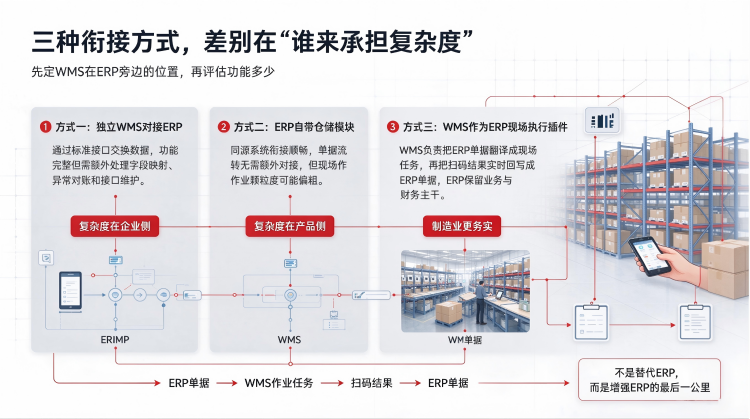 WMS作为ERP现场执行端的三种衔接方式对比:独立WMS、ERP自带模块、执行端定位